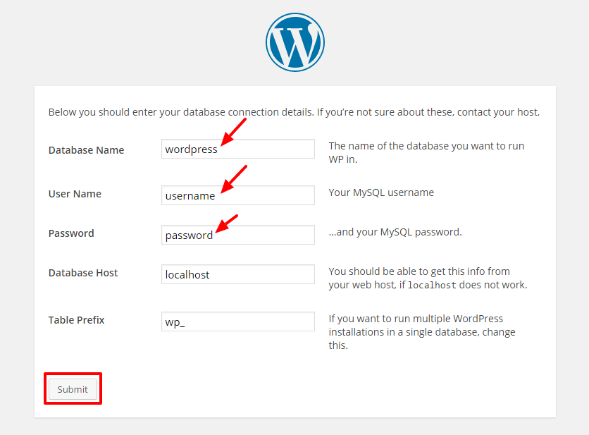 submit for installing wp