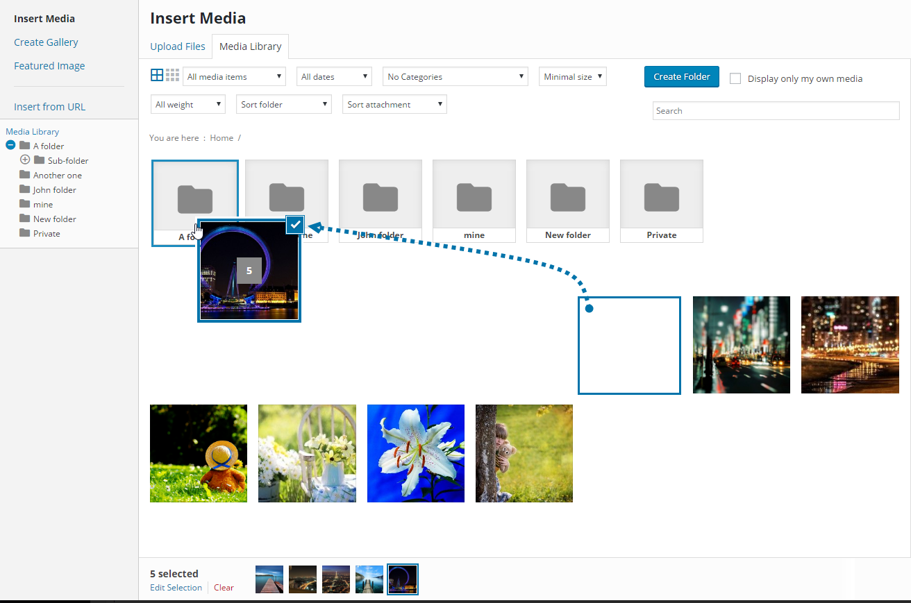 WP Media Folder feature - Drag and drop the images