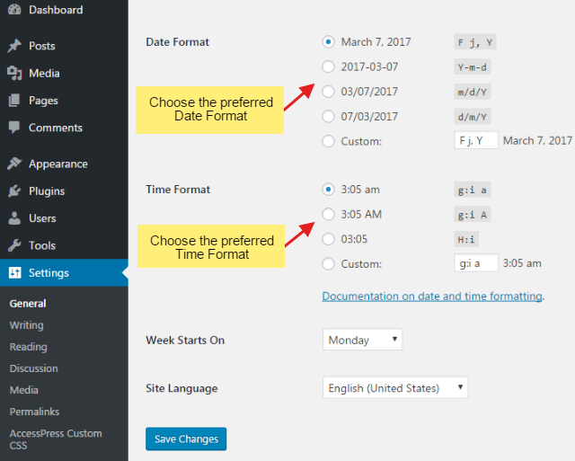 How to change the default date/time format of WordPress website