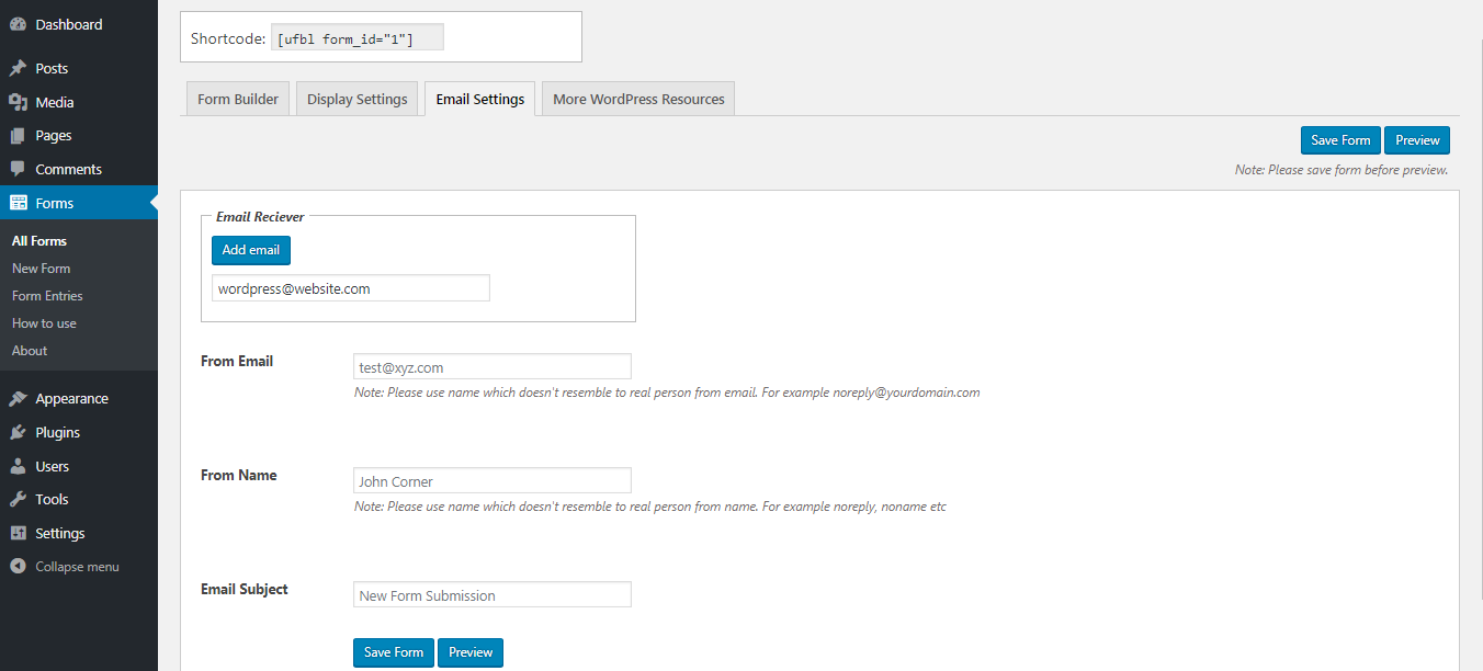 Email Settings in Contact Form to create Contact Form in WordPress