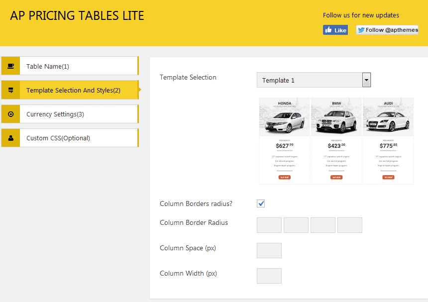 AP Pricing Tables Lite: Template Selection and Styles